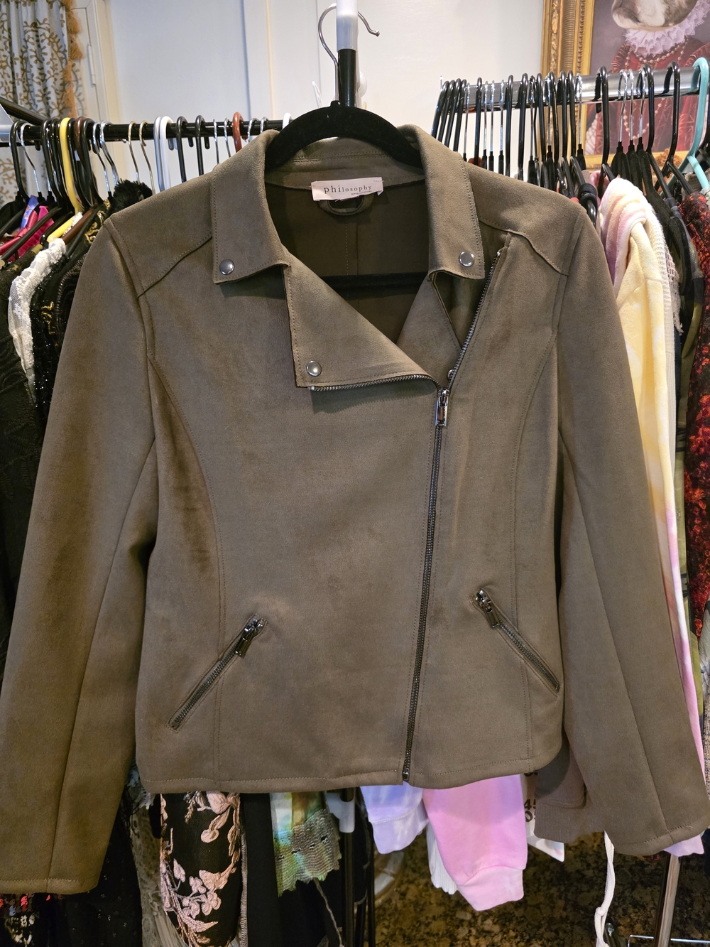 Biker Moto Philosophy Olive Suede-Look Jacket